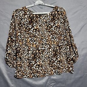 Talbots Blouse Womens 2X Brown Leopard Animal Print 3/4 Balloon Sleeve Top